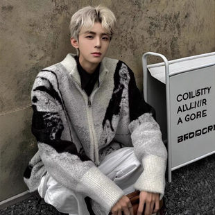 秋冬vintage高级感荆棘刺绣渐变毛衣男开衫 外套慵懒风拉链针织衫