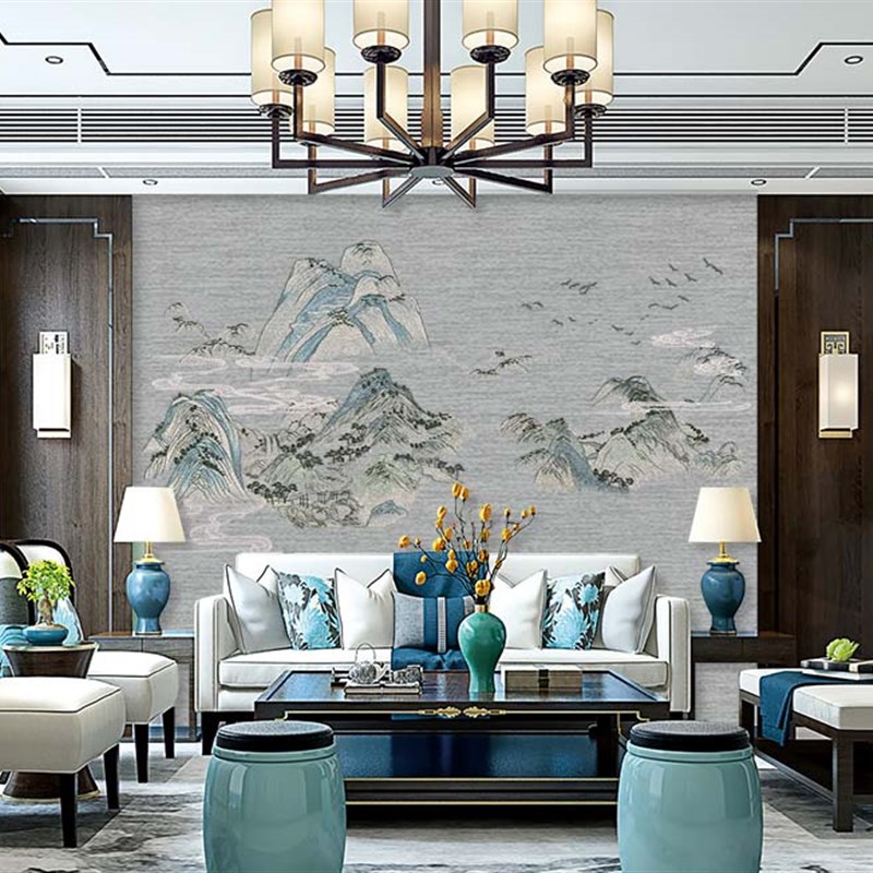 无缝独绣刺绣壁布千里s江山客厅电视沙发中式背景墙布古典
