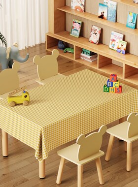 幼儿园专用桌布免洗防油防水防z烫餐桌桌布黄色格子卡通多巴胺台