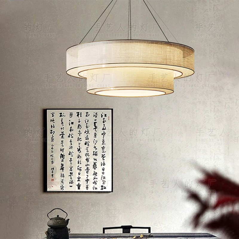 新中式中国风新款餐厅客厅卧室圆C形布艺吊灯餐饮茶室禅意吧台灯