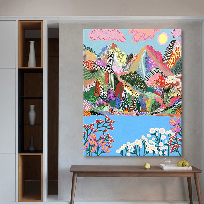 客厅装饰画抽象卡通山水风景小众艺术纯手绘油画丙烯卧室玄关挂画图片