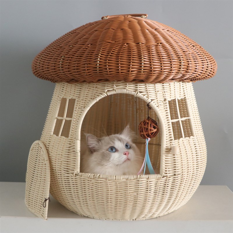 猫窝四季通用夏季宠物猫咪用品半封闭式猫屋猫房子藤编蘑菇屋幼猫