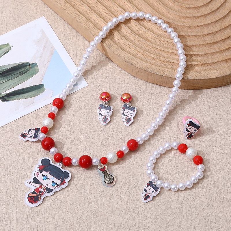 新款儿童饰品珍珠串珠项链手链耳夹戒指女童公主卡通首饰套装