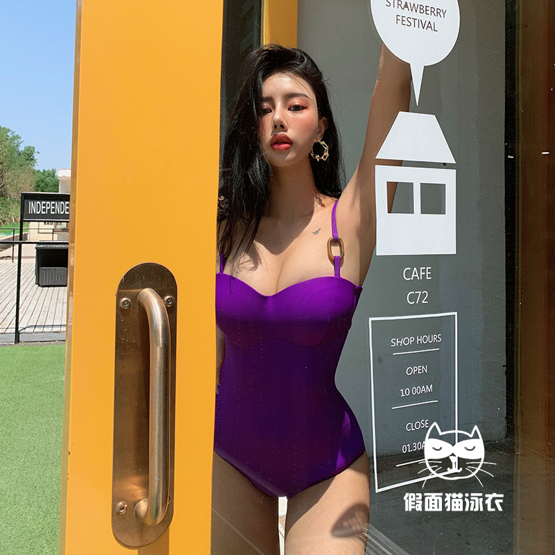 假面猫 ins泳衣女连体性感大小胸聚拢H新款温泉度假紫色比基尼辣