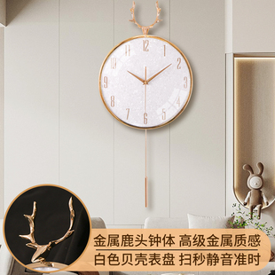 饰客厅钟表新中式 轻奢挂钟福鹿装 金E属镀金静音时钟挂墙家用石英