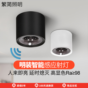 感应明装筒灯免开孔走廊入户玄关人体感应Kled天花灯光控智能射灯