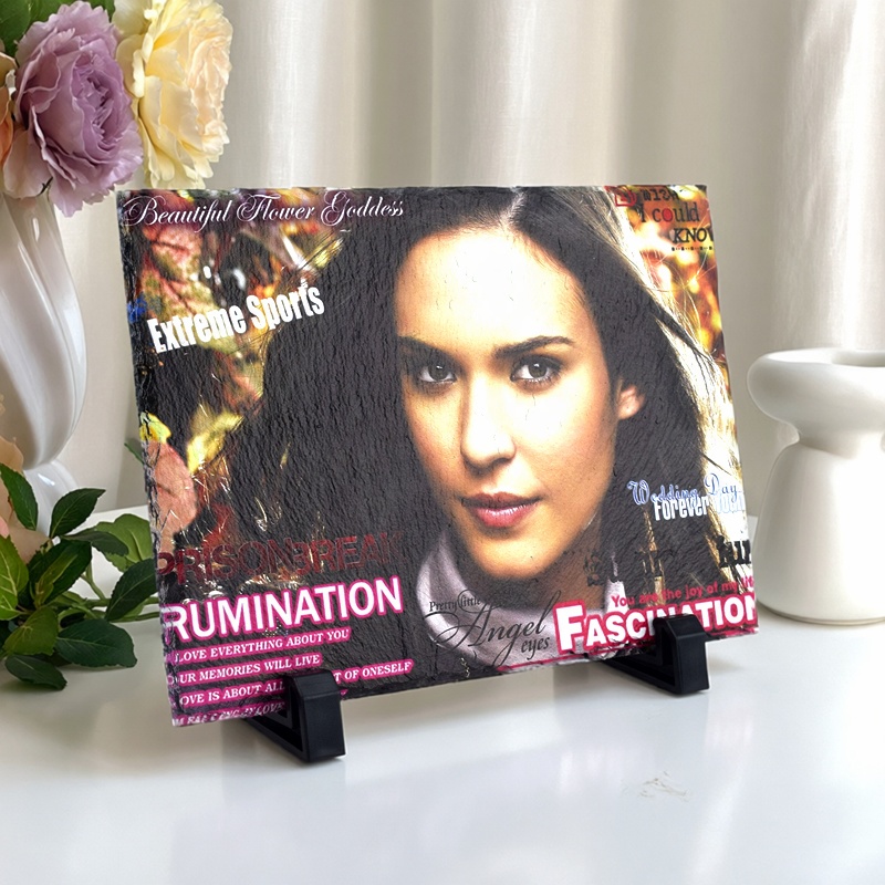 石板印照片摆台天然石板画个性定制相片岩石画墙石头画印照片摆件