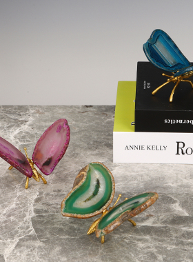 新中式彩色天然玛瑙蝴蝶黄铜水晶家居摆件饭桌墙面玄关轻奢软装饰