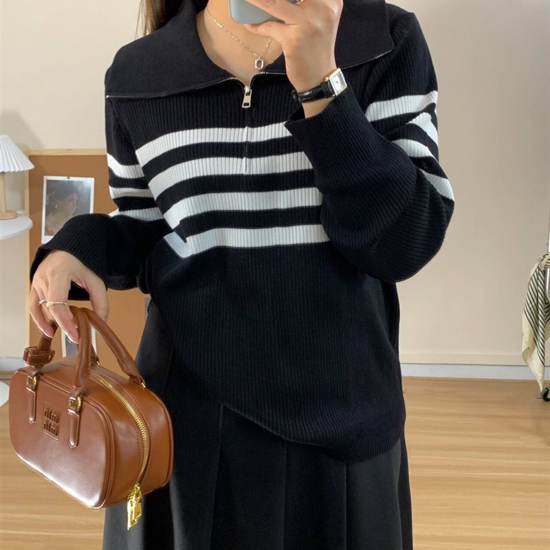 微胖的喵喵 大码秋季温柔百搭显瘦条纹毛衣针织衫长袖上衣女 8145