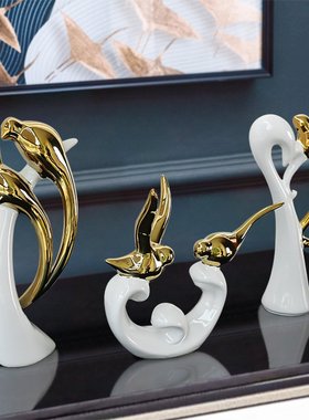 北欧轻奢陶瓷白金色小鸟摆件家居创意酒柜装饰书架客厅隔断柜摆设