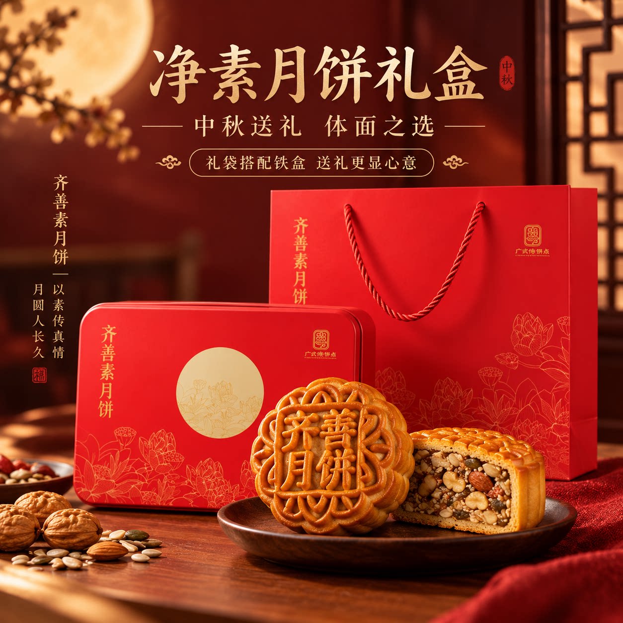 中秋净素齐善素月饼礼盒上新豆沙/莲蓉/果仁月饼夹心送礼糕点礼盒