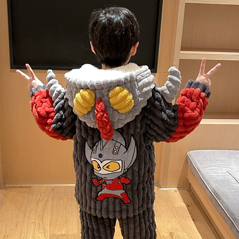 儿童睡衣珊瑚绒j男童冬季加绒加厚法兰绒三层夹棉中大童男孩家居