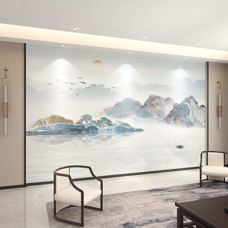 墙纸定制3d立体中式山s水电视背景墙壁布油画壁纸客厅装饰墙布壁
