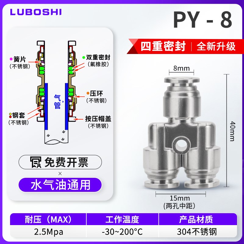 304不锈钢新e款Y型三通快插8mm气动气管接头PY4/6/8/10/12/14/16m
