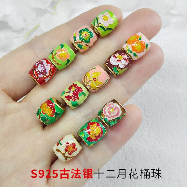 S925古法银烧蓝十二月生辰花神桶珠手链女款珐琅工艺路路通隔珠