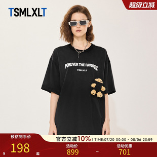 设计感高街T恤男 TSMLXLT口袋小熊字母印花短袖 女25夏季 新品 时尚