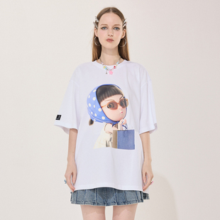 TSMLXLT可爱头巾女孩印花短袖 女25春夏新品 纯棉T恤上衣男女同款