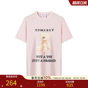 TSMLXLT卡通小熊印花短袖 多巴胺蕾絲點綴甜酷圓領(lǐng)T恤 新款 女25夏季