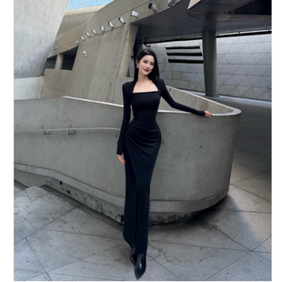 方领褶皱高腰法式 复古简约修身 秋冬连衣裙 BETTER