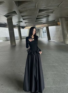 BETTER ME 极简新中式长袖盘扣黑色长款蓬蓬裙