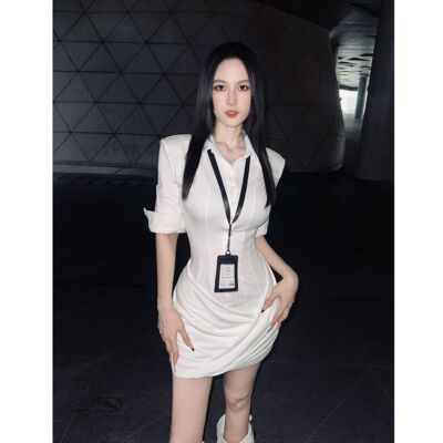 欧美辣妹性感修身衬衫拼接连衣裙