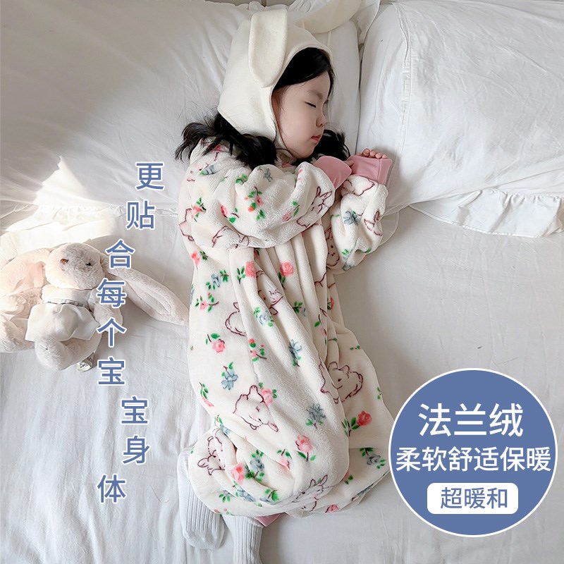儿童睡衣连体宝宝珊瑚绒冬季睡袋男女童加绒加厚法兰绒冬款家居服