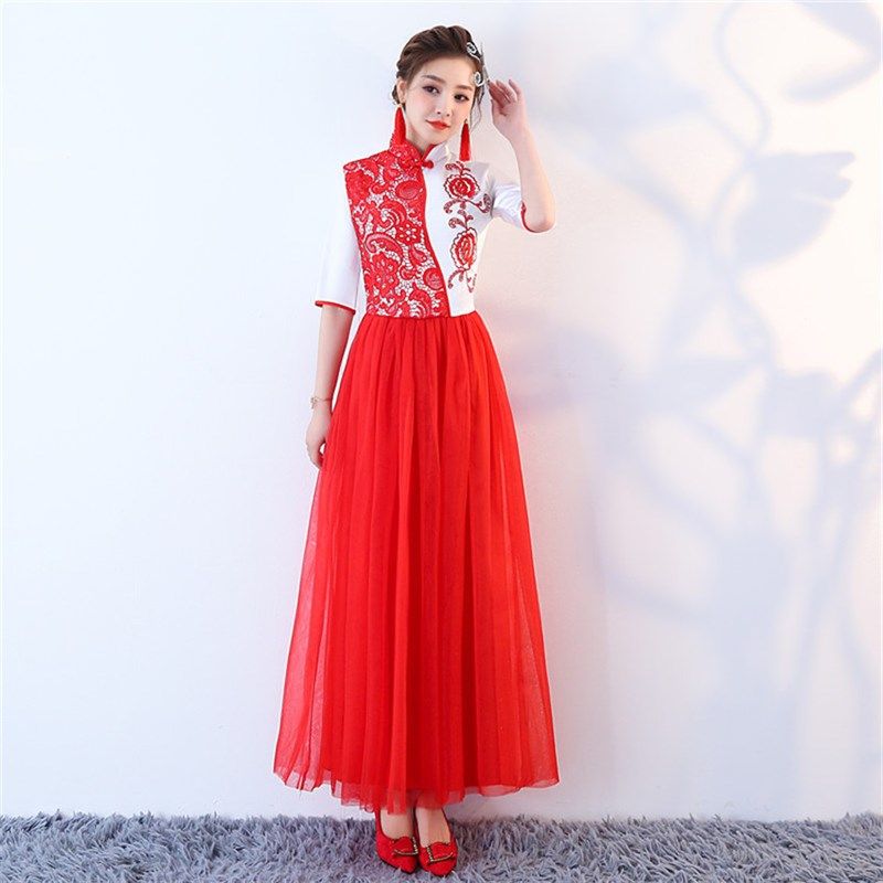 中国风礼服大合唱团演出服装女长裙成人男主持礼服民乐古筝表演服