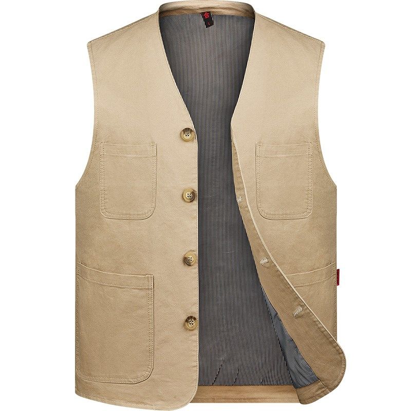 纽扣款春秋季爷爷马甲爸爸休闲牛仔上衣中老年男士多口袋纯棉马夹,男装,常规马甲,淘宝优惠券,粉丝福利购,淘宝优惠卷