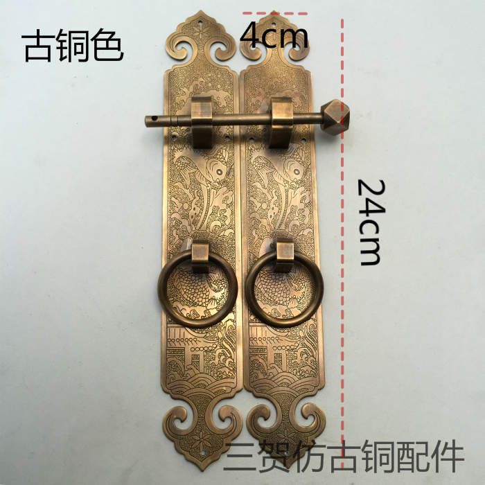 中式仿古纯铜大门柜门直条拉手刻花明装门条衣柜拉环装饰插销把手