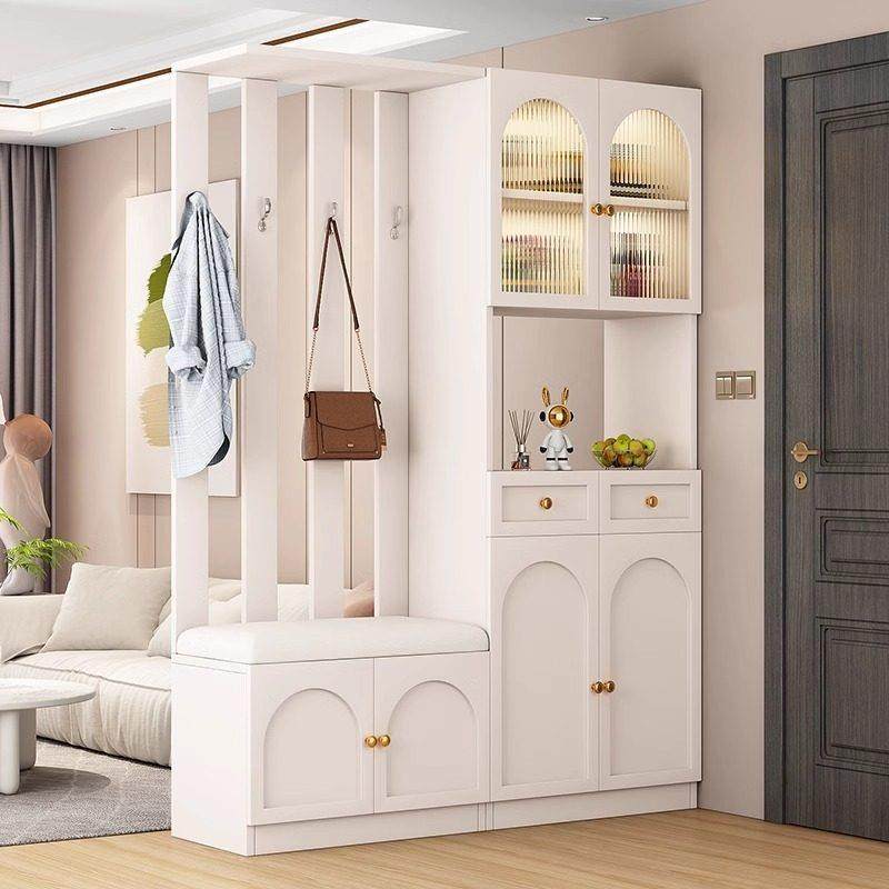 玄关柜入户正对门奶油风鞋柜一体带换鞋凳客厅家用门厅屏风隔断柜