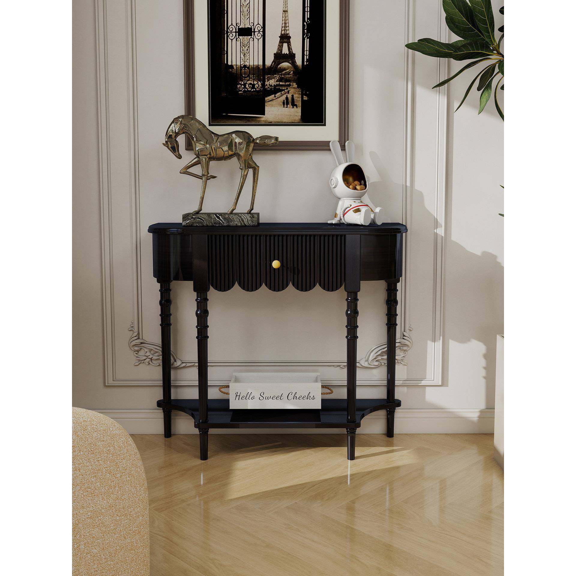 法式实木半圆玄关桌子靠墙黑色过道玄关柜置物架入户窄条桌玄关台