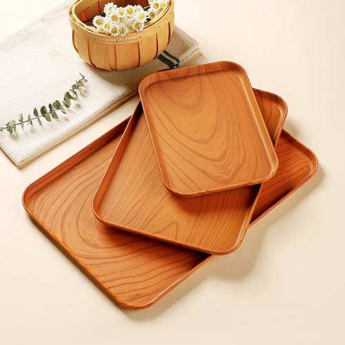 仿木纹托盘长方形塑料茶盘餐盘家用水杯收纳盘咖啡厅面包盘子商用