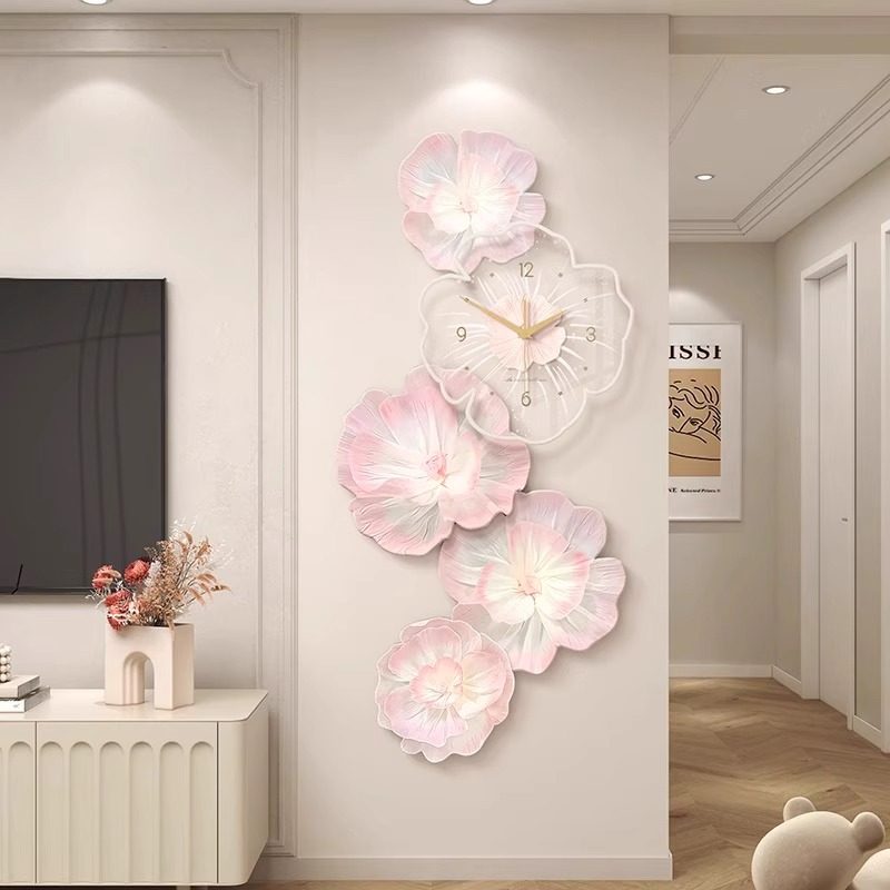 牡丹花电视背景墙装饰画入户玄关过道挂画奶油风壁画钟表客厅挂钟