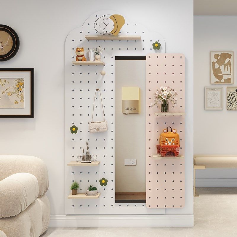 入户玄关洞洞板穿衣镜一体电表箱遮挡置物架云朵收纳实木墙面定制