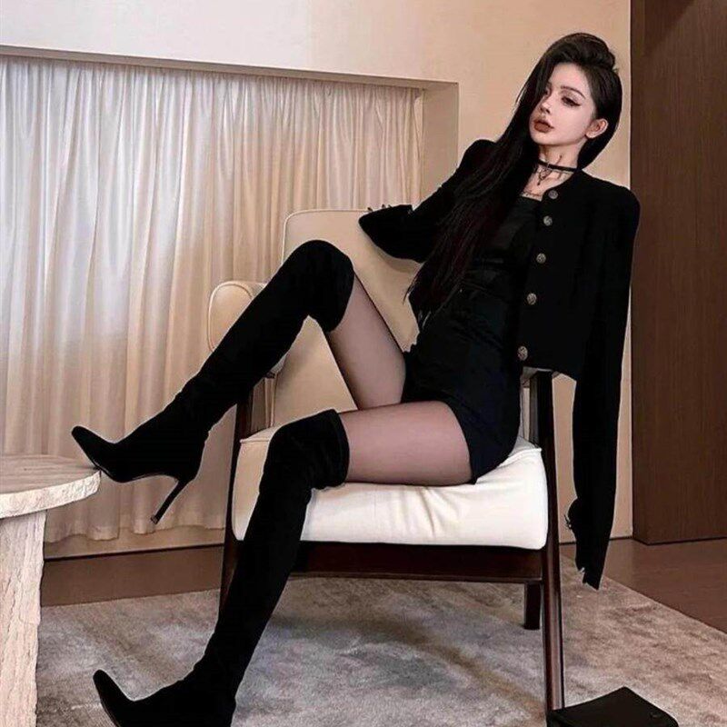 辣妹尖头绒面过膝长靴子女2025秋C冬加绒高跟弹力靴瘦瘦靴长筒女