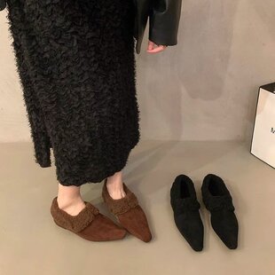 保暖女鞋加绒尖头单鞋女2024秋冬D季新款深口平底鞋毛毛鞋外穿棉
