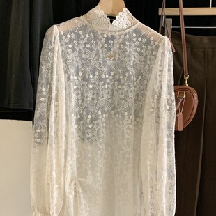 韩国订单宽松显瘦刺绣高领喇叭袖内搭蕾丝衫女20R24早春打底网纱