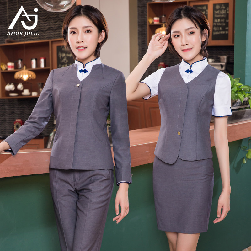 东航空姐制服女职业套装酒店前台售楼养生馆美容师W工作服浅灰色