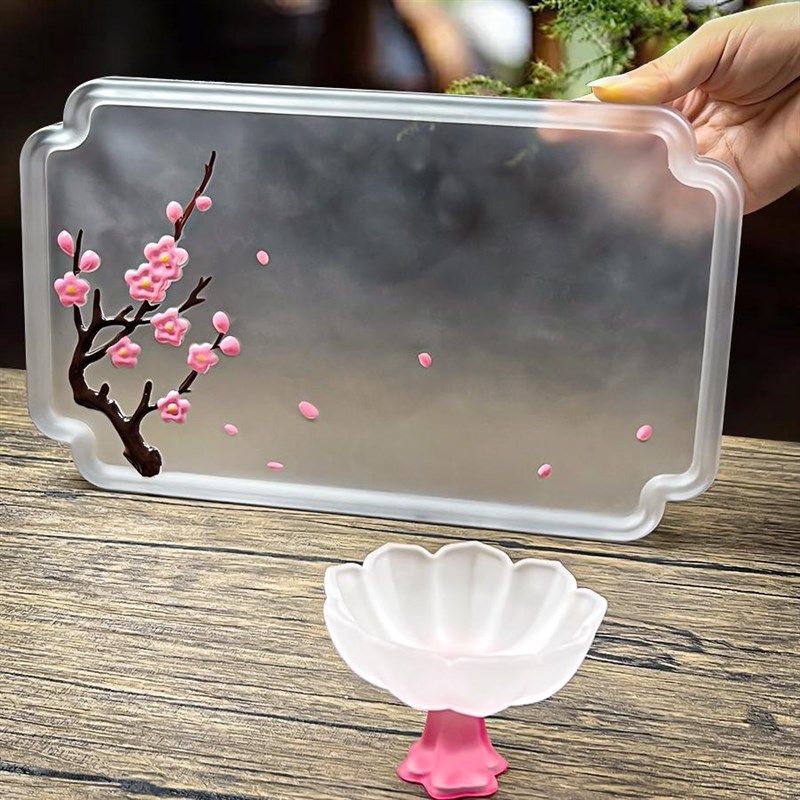 中式简约四方磨砂沥水盘小型水晶玻璃桃花功夫茶具壶承手绘茶盘