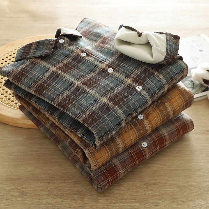 2024冬季加绒格子衬衫女宽松B百搭文艺加厚保暖内搭女士长袖衬衣