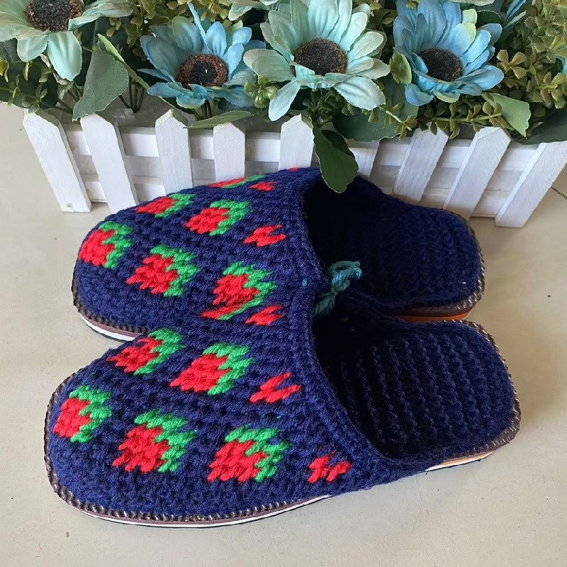 36/37码成人女手工编织居家防滑平底毛线拖鞋成品草莓成品现货冬