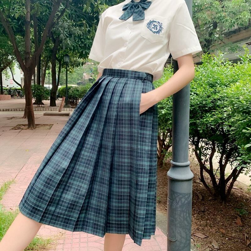 【海苔】60CM现货掉落 JK制服裙墨绿格裙优等生R中长百褶裙 送领