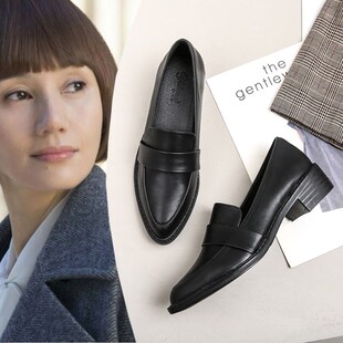 单鞋女尖头秋粗跟鞋2024v新款小皮鞋英伦风平底工作鞋女软底乐福