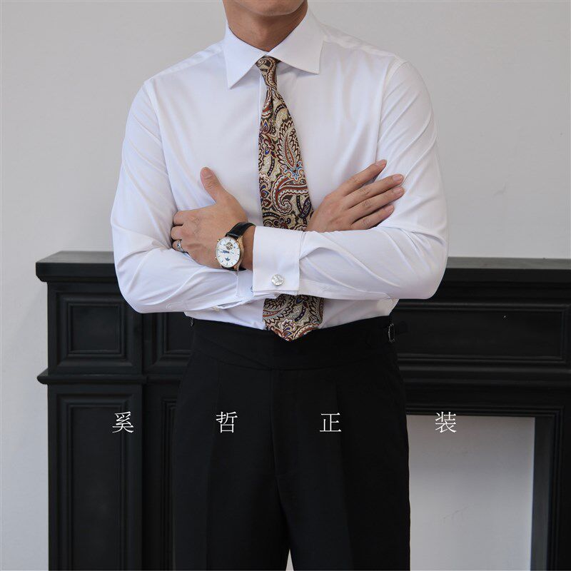 男士商务通勤款法式袖扣衬衫基础百搭款长袖白衬衫