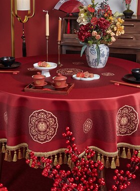 大红色结婚圆桌桌布防水新中式婚礼喜字订婚定制酒店婚庆餐厅台布
