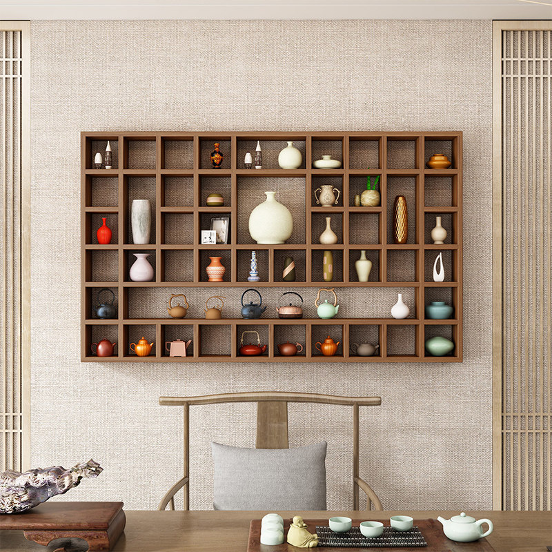 隔板壁挂墙上置物架茶壶展示架实木格子架杯子架墙U上博古架木格