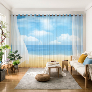 定制窗帘布纱帘清新清凉海景沙滩风景卧室客厅飘窗门帘隔断帘纱窗
