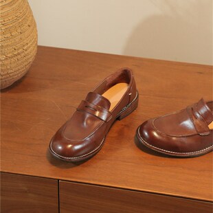 雪密欧2025新款做旧马皮英w伦风乐福鞋女一脚蹬平跟平底单鞋小皮