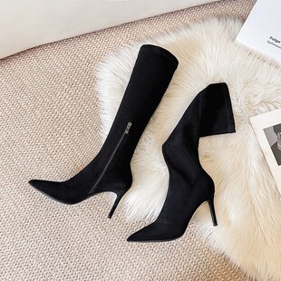 欧美2024秋冬季新款黑色显瘦弹C力靴尖头高跟长靴女细跟瘦瘦靴子