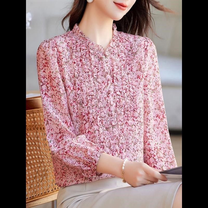 【乔其纱面料】气质衬衫粉色小y个子碎花时尚洋气减龄今年流行小